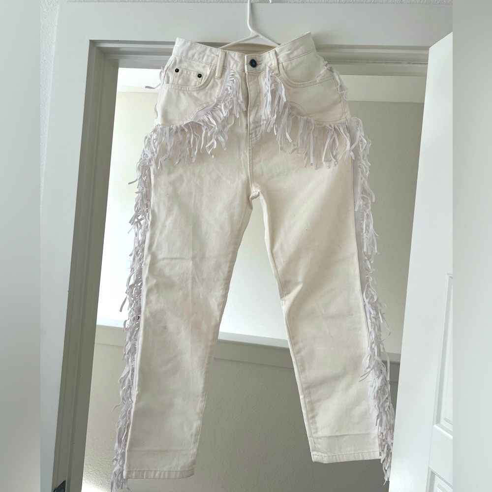 Nastygal pants, white denim with fringe